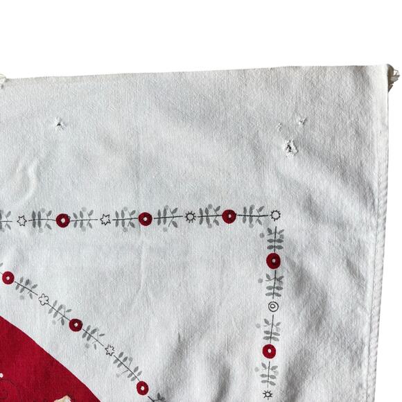 Red & white cotton tablecloth Pennsylvania Dutch motif mid century minor FLAWS - Picture 9 of 10